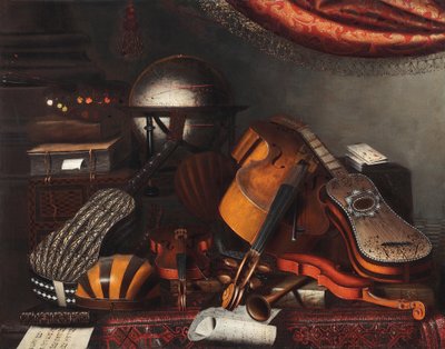 Strumenti musicali, un globo, libri, carte da gioco e una tavolozza da pittore da Bartolomeo Bettera
